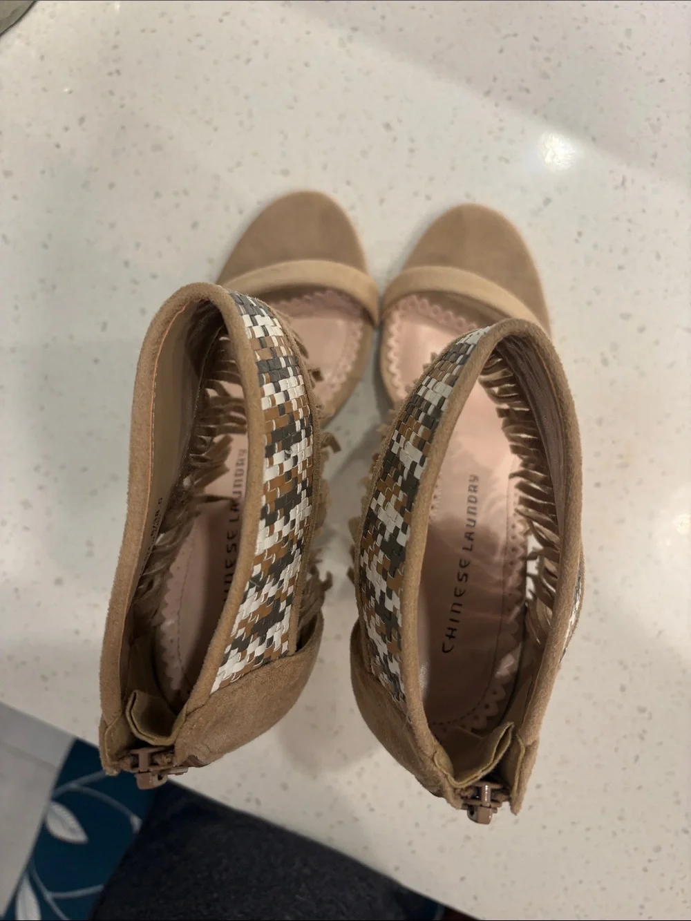 Chinese Laundry Taupe Fringe Ankle-Wrap Heels with Woven Accent